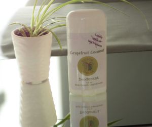 Grapefruit Coconut Deodorant with plant in the background